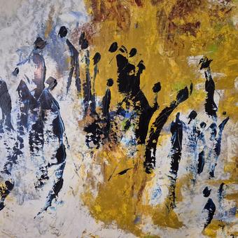 Abstrakte Malerei in Gelb-, Blau-, Schwarz- und Weißtönen mit angedeuteten menschlichen Figuren und dynamischen Pinselstrukturen