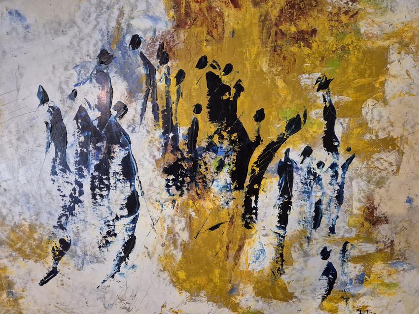 Abstrakte Malerei in Gelb-, Blau-, Schwarz- und Weißtönen mit angedeuteten menschlichen Figuren und dynamischen Pinselstrukturen