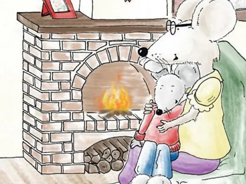 Zwei gezeichnete Mäuse vor dem Kamin