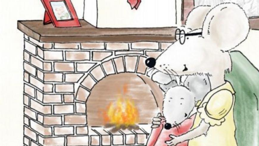 Zwei gezeichnete Mäuse vor dem Kamin